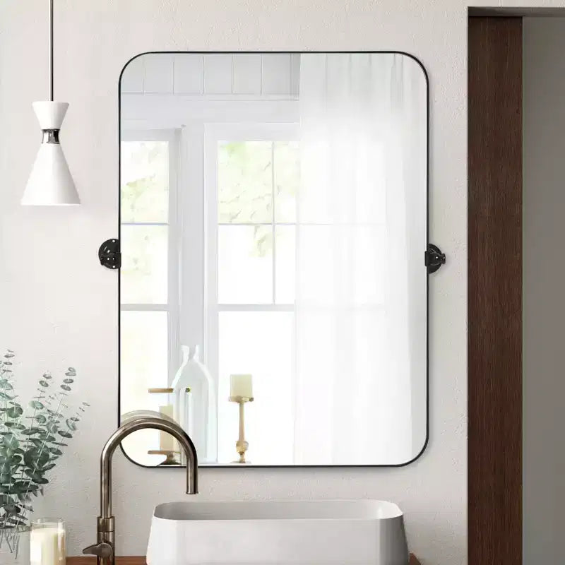 MAYEERTY 35.83x24.02x1.57in Wrought Iron Rounded Rectangle Black Swivel Metal Hanging Mirror