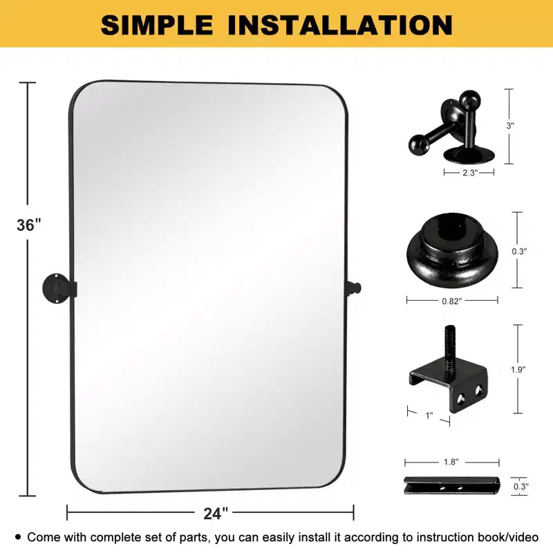 Miroir suspendu rectangulaire arrondi en métal MAYEERTY 35.83x24.02x1.57in en fer forgé noir et pivotant