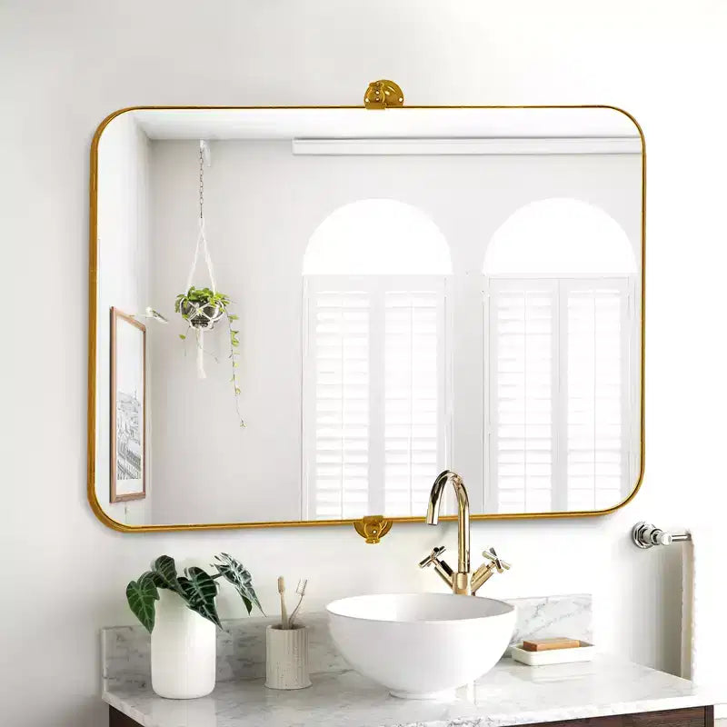 MAYEERTY 91x61x4cm Miroir suspendu rectangulaire arrondi en fer forgé doré