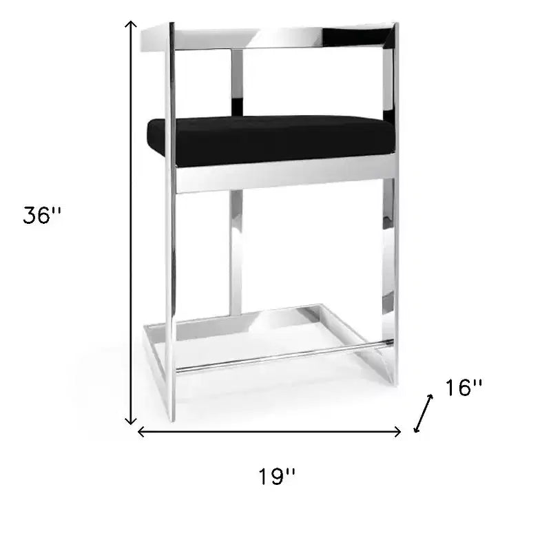 HomeRoots 26 Black and Silver Velvet and Stainless Steel Low Back Counter Height Bar Chair