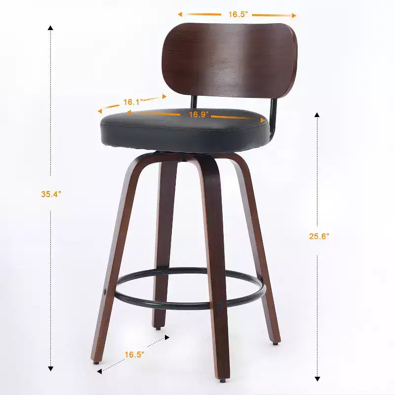 Vatros Swivel Bar Stools Set of 2, 26 Upholstered Faux Leather Counter Height Barstools with Walnut Back & Bentwood Legs