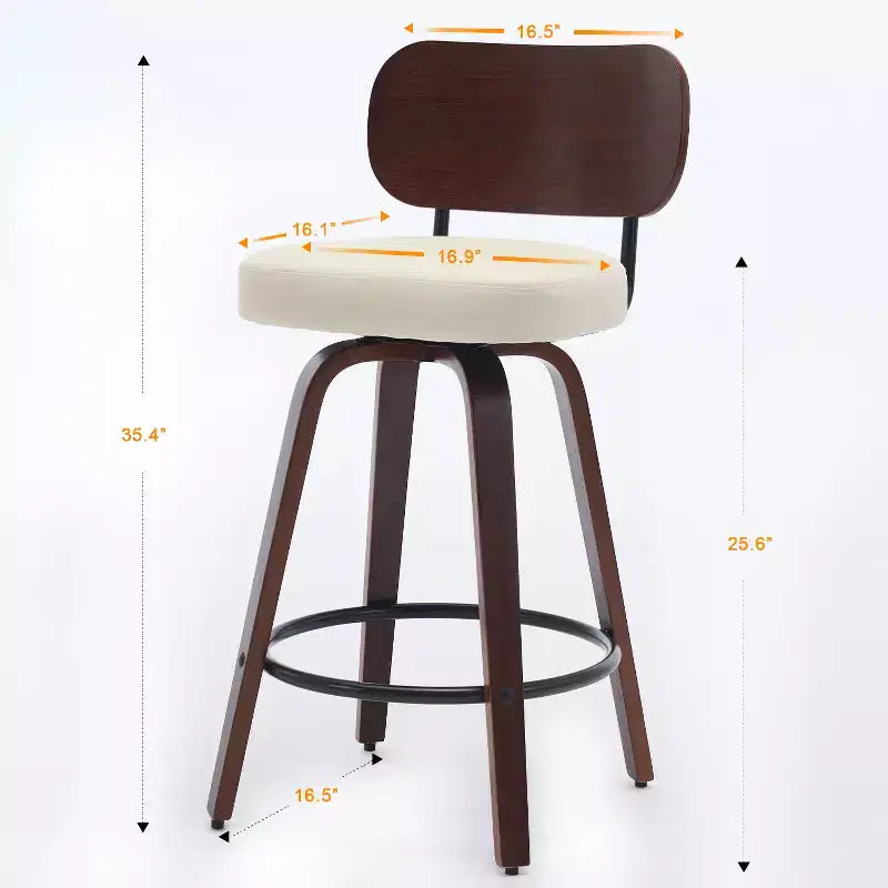 Vatros Swivel Bar Stools Set of 2, 26 Upholstered Faux Leather Counter Height Barstools with Walnut Back & Bentwood Legs