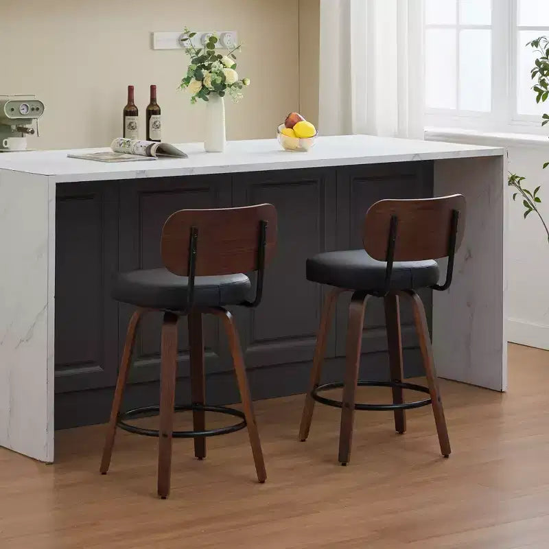 Vatros Swivel Bar Stools Set of 2, 26 Upholstered Faux Leather Counter Height Barstools with Walnut Back & Bentwood Legs