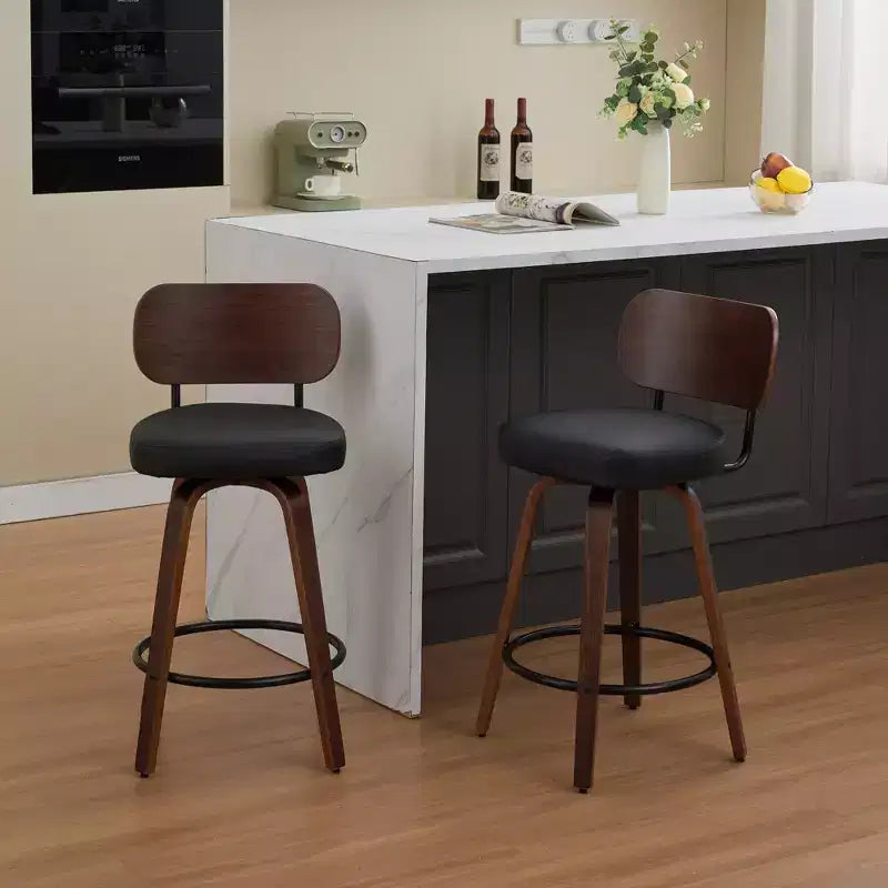 Vatros Swivel Bar Stools Set of 2, 26 Upholstered Faux Leather Counter Height Barstools with Walnut Back & Bentwood Legs