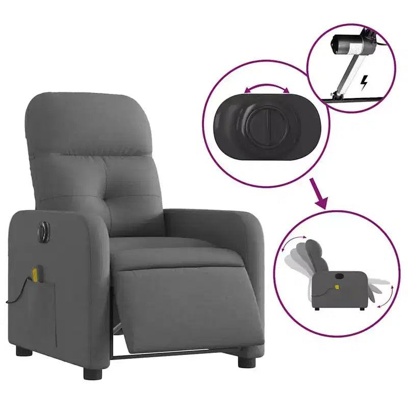 vidaXL Fauteuil inclinable de massage électrique en tissu gris foncé - Fauteuil inclinable motorisé avec massage vibrant, assise confortable et cadre robuste