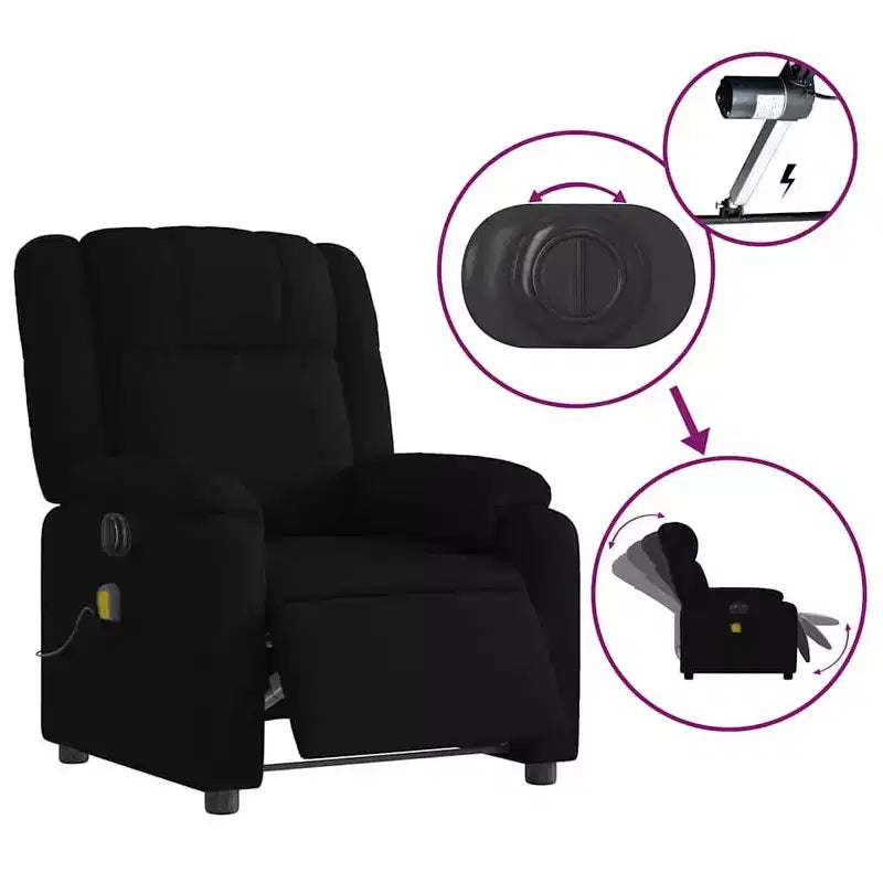vidaXL Fauteuil de massage électrique - Fauteuil inclinable en tissu noir avec massage par vibrations, réglage électrique du repose-pieds et du dossier