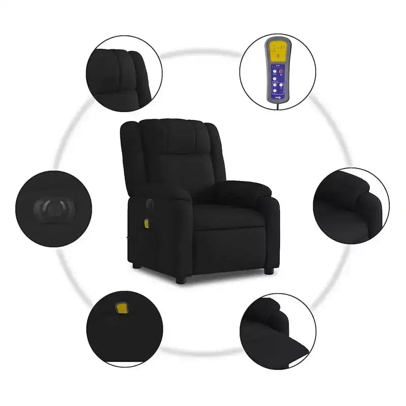 vidaXL Fauteuil de massage électrique - Fauteuil inclinable en tissu noir avec massage par vibrations, réglage électrique du repose-pieds et du dossier