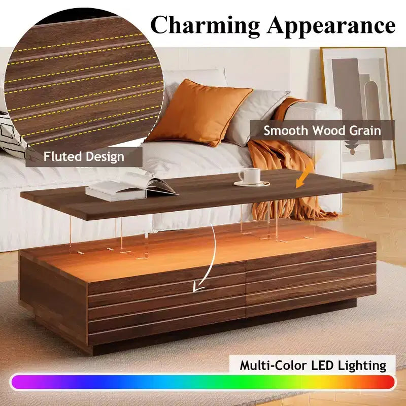 Okak 47.2 Modern LED Coffee Table, Smart Dimming Rectangular Center Table with 2 Hidden Drawers & Touch Control for Living Room/Home Theater