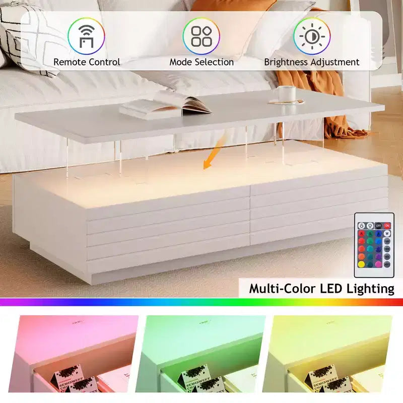 Okak 47.2 Modern LED Coffee Table, Smart Dimming Rectangular Center Table with 2 Hidden Drawers & Touch Control for Living Room/Home Theater