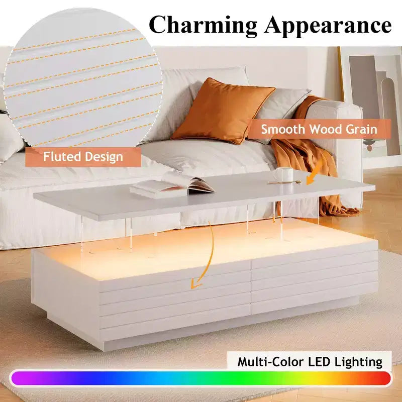 Okak 47.2 Modern LED Coffee Table, Smart Dimming Rectangular Center Table with 2 Hidden Drawers & Touch Control for Living Room/Home Theater
