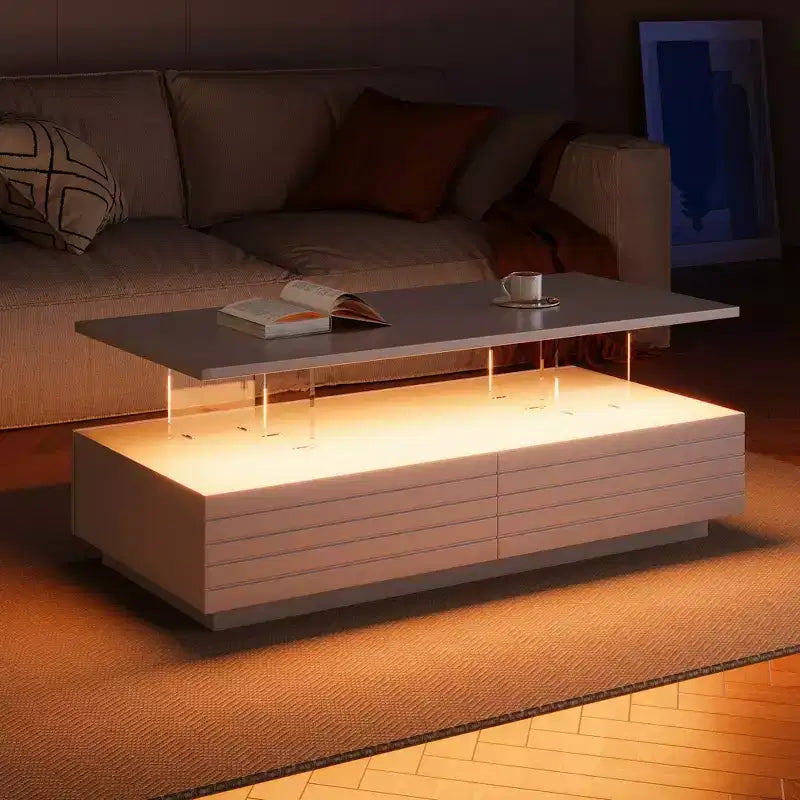 Okak 47.2 Modern LED Coffee Table, Smart Dimming Rectangular Center Table with 2 Hidden Drawers & Touch Control for Living Room/Home Theater