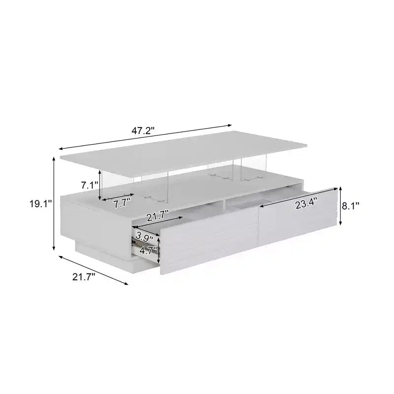 Okak 47.2 Modern LED Coffee Table, Smart Dimming Rectangular Center Table with 2 Hidden Drawers & Touch Control for Living Room/Home Theater