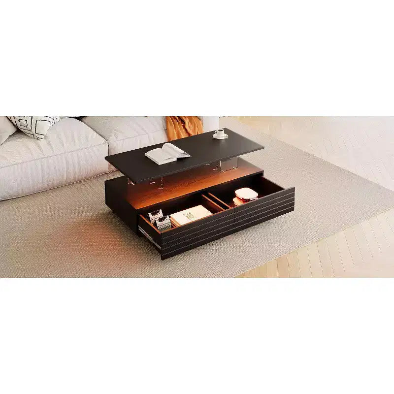 Okak 47.2 Modern LED Coffee Table, Smart Dimming Rectangular Center Table with 2 Hidden Drawers & Touch Control for Living Room/Home Theater