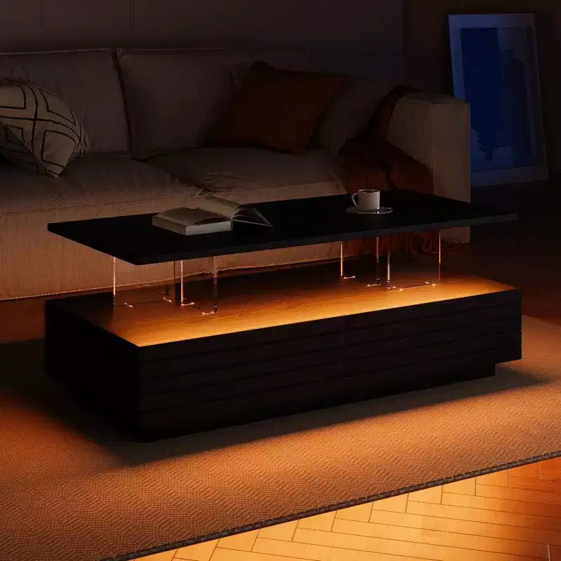 Okak 47.2 Modern LED Coffee Table, Smart Dimming Rectangular Center Table with 2 Hidden Drawers & Touch Control for Living Room/Home Theater