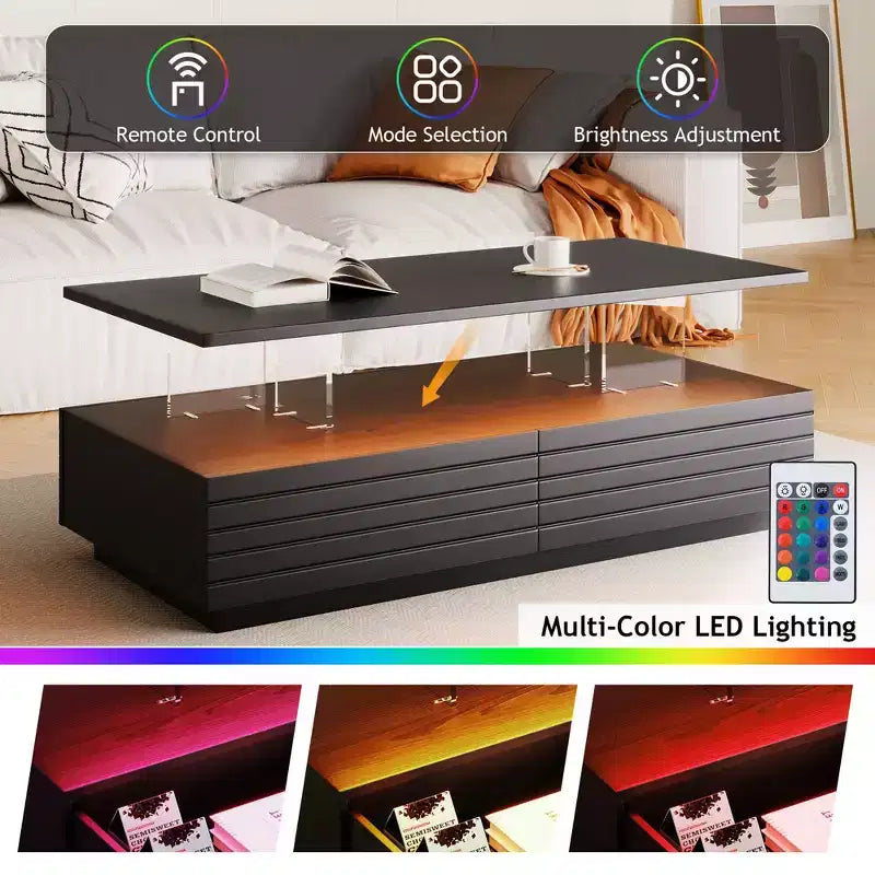 Okak 47.2 Modern LED Coffee Table, Smart Dimming Rectangular Center Table with 2 Hidden Drawers & Touch Control for Living Room/Home Theater