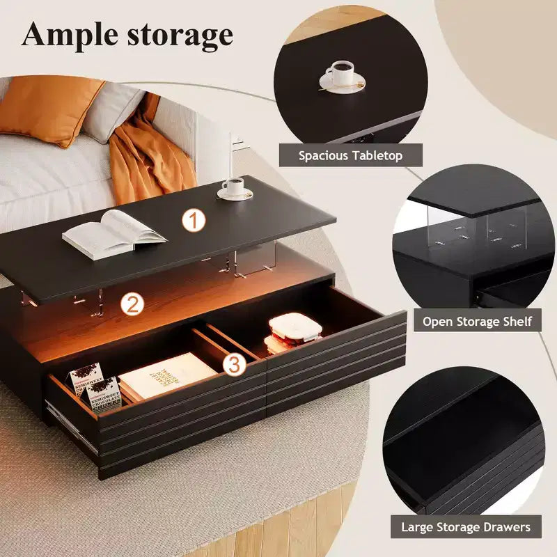 Okak 47.2 Modern LED Coffee Table, Smart Dimming Rectangular Center Table with 2 Hidden Drawers & Touch Control for Living Room/Home Theater