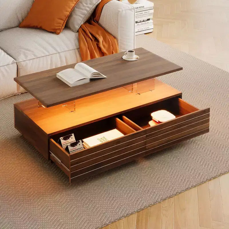 Okak 47.2 Modern LED Coffee Table, Smart Dimming Rectangular Center Table with 2 Hidden Drawers & Touch Control for Living Room/Home Theater