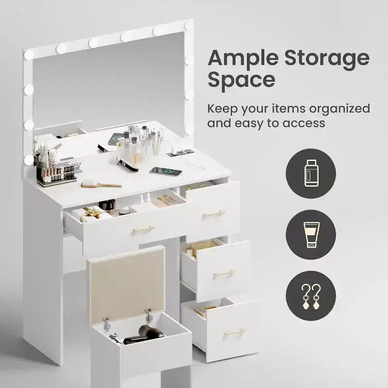 Coiffeuse WAYES avec miroir éclairé, station de charge, tabouret de rangement, grande coiffeuse de 91 cm, blanc moderne