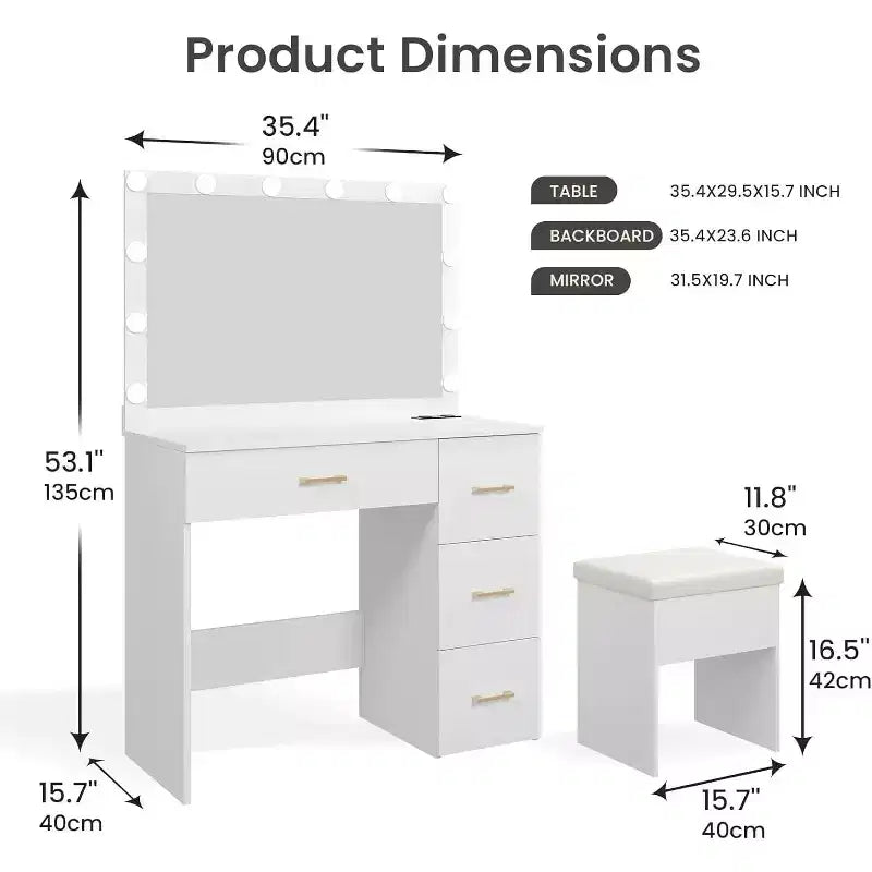 Coiffeuse WAYES avec miroir éclairé, station de charge, tabouret de rangement, grande coiffeuse de 91 cm, blanc moderne