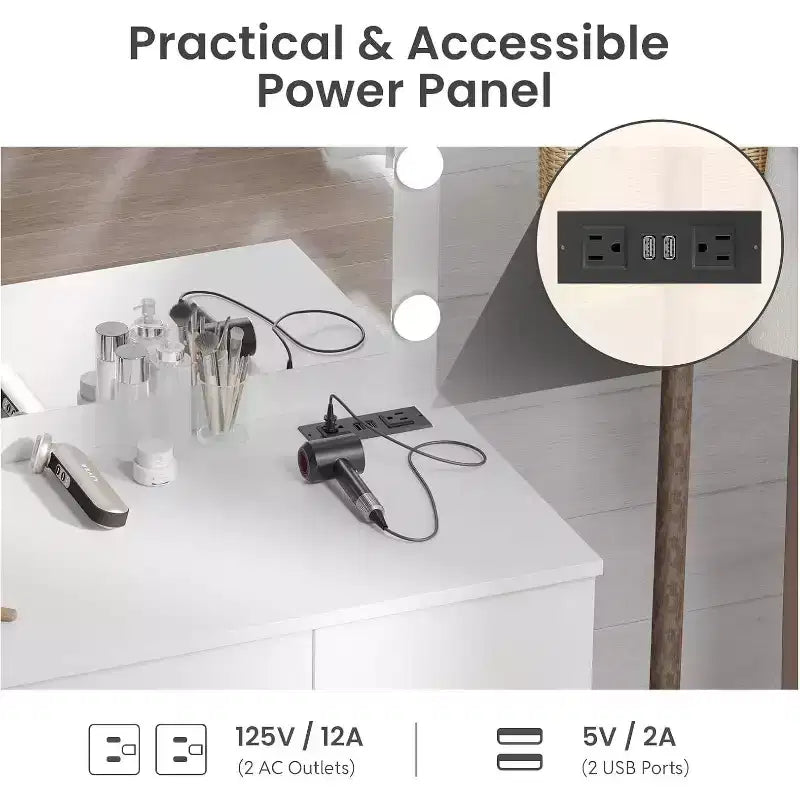 Coiffeuse WAYES avec miroir éclairé, station de charge, tabouret de rangement, grande coiffeuse de 91 cm, blanc moderne
