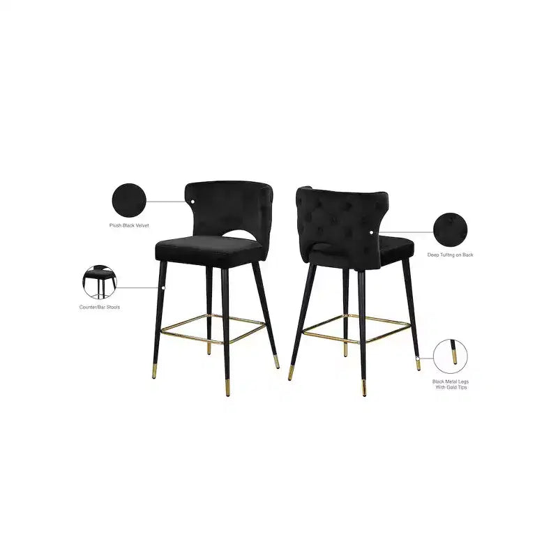 Meridian Furniture,Kelly Black Velvet Stool, Set of 2