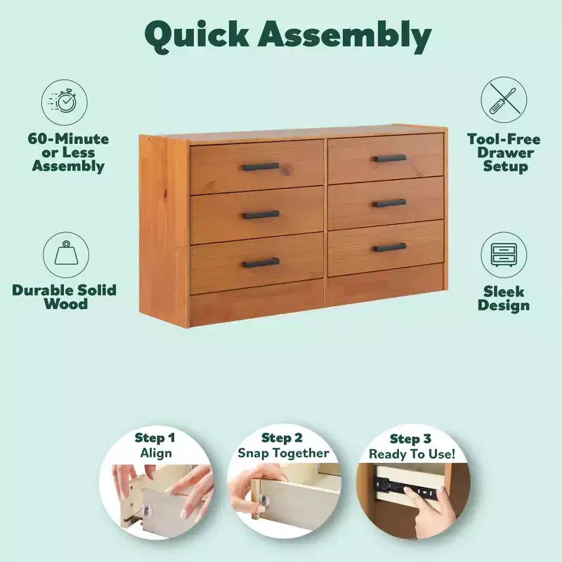 Walker Edison Modern Easy Assembly Solid Wood 6 Drawer Dresser for Bedroom Storage