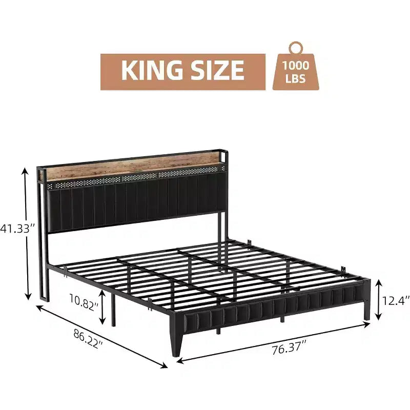 Bed Frame with Led Lights and Storage Headboard, Upholstered Platform Bed with Charging Station, Heavy Duty, No Box Spring Needed, Easy Assembly