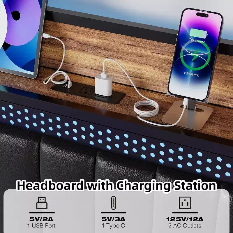 Bed Frame with Led Lights and Storage Headboard, Upholstered Platform Bed with Charging Station, Heavy Duty, No Box Spring Needed, Easy Assembly