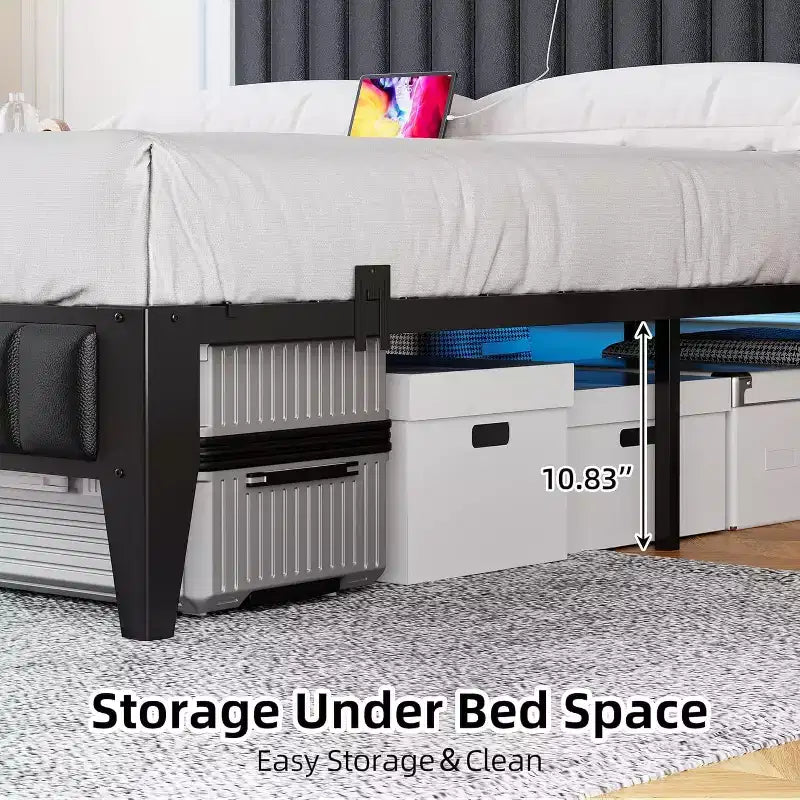 Bed Frame with Led Lights and Storage Headboard, Upholstered Platform Bed with Charging Station, Heavy Duty, No Box Spring Needed, Easy Assembly