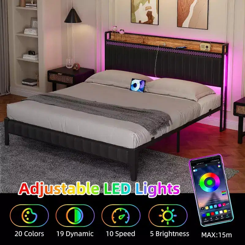 Bed Frame with Led Lights and Storage Headboard, Upholstered Platform Bed with Charging Station, Heavy Duty, No Box Spring Needed, Easy Assembly