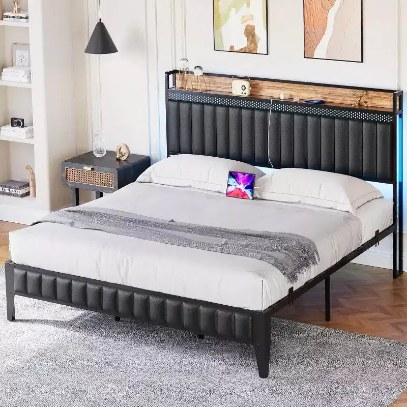 Bed Frame with Led Lights and Storage Headboard, Upholstered Platform Bed with Charging Station, Heavy Duty, No Box Spring Needed, Easy Assembly