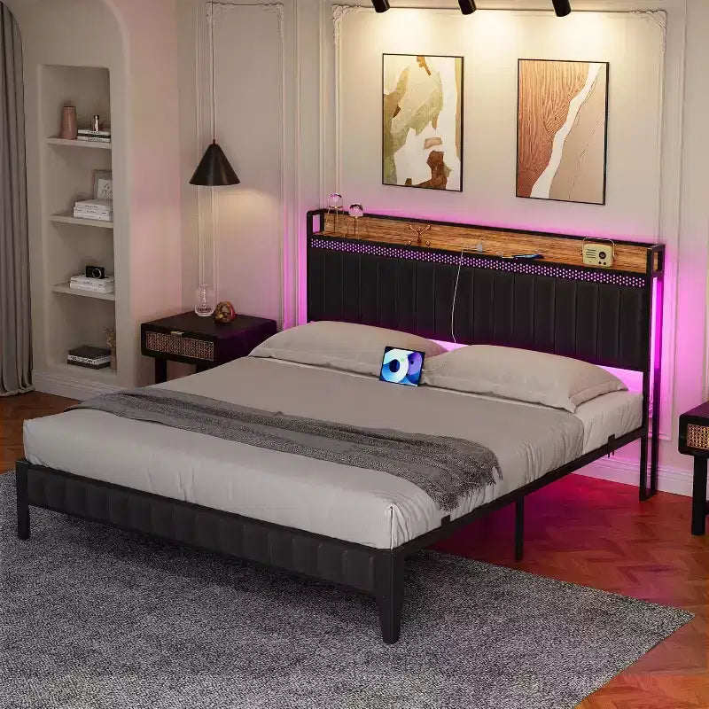 Bed Frame with Led Lights and Storage Headboard, Upholstered Platform Bed with Charging Station, Heavy Duty, No Box Spring Needed, Easy Assembly