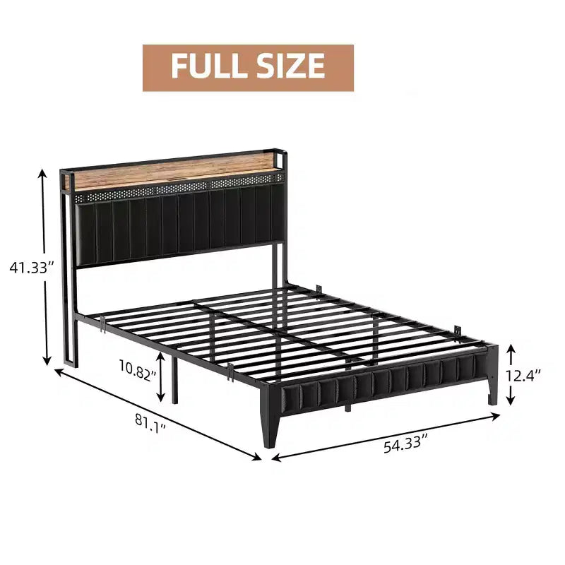 Bed Frame with Led Lights and Storage Headboard, Upholstered Platform Bed with Charging Station, Heavy Duty, No Box Spring Needed, Easy Assembly