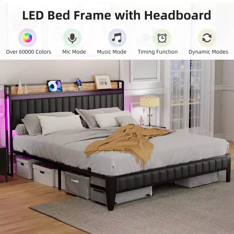 Bed Frame with Led Lights and Storage Headboard, Upholstered Platform Bed with Charging Station, Heavy Duty, No Box Spring Needed, Easy Assembly