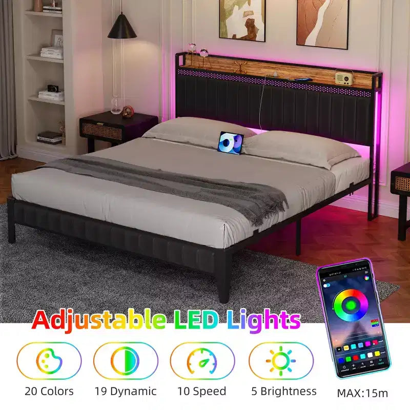 Bed Frame with Led Lights and Storage Headboard, Upholstered Platform Bed with Charging Station, Heavy Duty, No Box Spring Needed, Easy Assembly