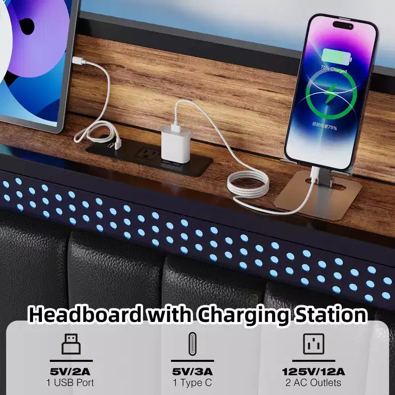 Bed Frame with Led Lights and Storage Headboard, Upholstered Platform Bed with Charging Station, Heavy Duty, No Box Spring Needed, Easy Assembly