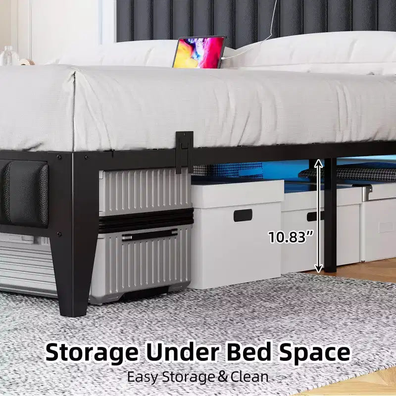 Bed Frame with Led Lights and Storage Headboard, Upholstered Platform Bed with Charging Station, Heavy Duty, No Box Spring Needed, Easy Assembly