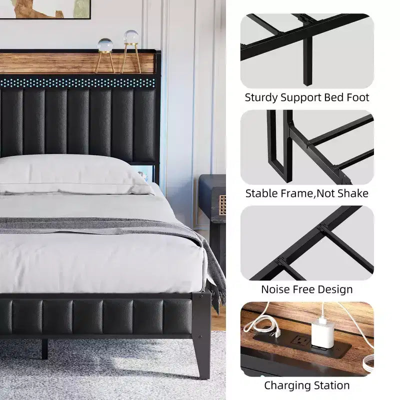 Bed Frame with Led Lights and Storage Headboard, Upholstered Platform Bed with Charging Station, Heavy Duty, No Box Spring Needed, Easy Assembly