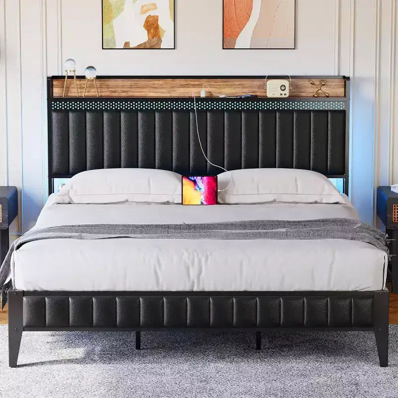 Bed Frame with Led Lights and Storage Headboard, Upholstered Platform Bed with Charging Station, Heavy Duty, No Box Spring Needed, Easy Assembly