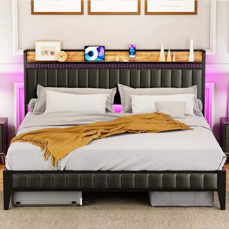 Bed Frame with Led Lights and Storage Headboard, Upholstered Platform Bed with Charging Station, Heavy Duty, No Box Spring Needed, Easy Assembly