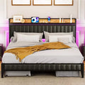 Bed Frame with Led Lights and Storage Headboard, Upholstered Platform Bed with Charging Station, Heavy Duty, No Box Spring Needed, Easy Assembly