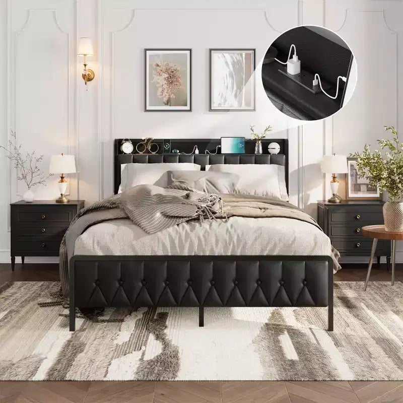 Full Size Bed Frame, Button Headboard with Charging Station, All-Metal Full Platform Bed Frame with Storage, No Box Spring Needed, Black