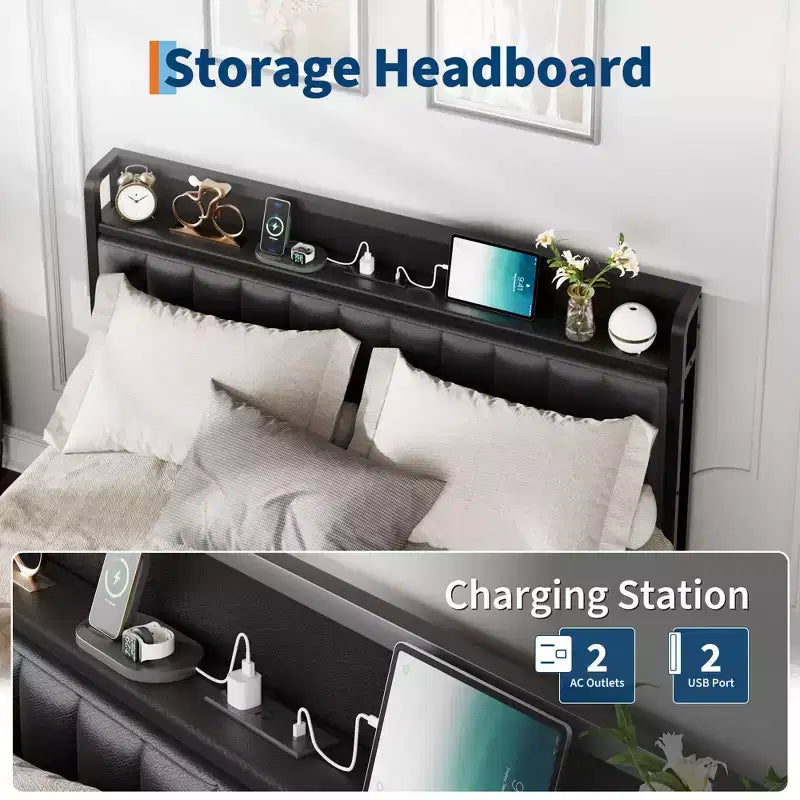 Full Size Bed Frame, Button Headboard with Charging Station, All-Metal Full Platform Bed Frame with Storage, No Box Spring Needed, Black