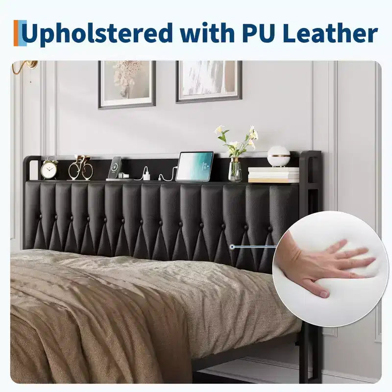 Full Size Bed Frame, Button Headboard with Charging Station, All-Metal Full Platform Bed Frame with Storage, No Box Spring Needed, Black