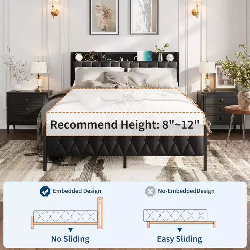 Full Size Bed Frame, Button Headboard with Charging Station, All-Metal Full Platform Bed Frame with Storage, No Box Spring Needed, Black