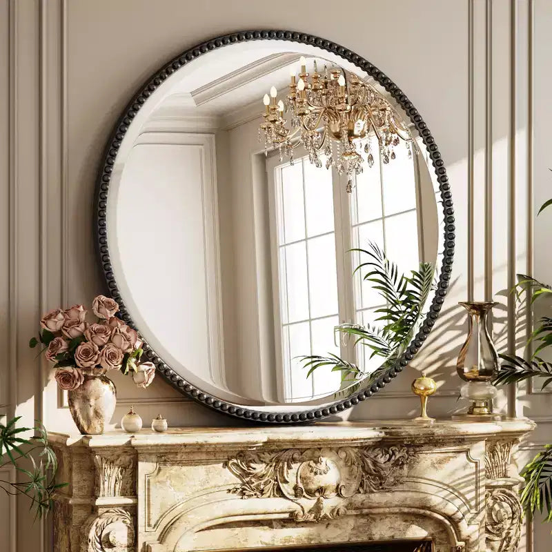 BEAUTYPEAK Beaded Round Wall Mirror Decorative Vanity Bathroom Mirror with Resin Frame
