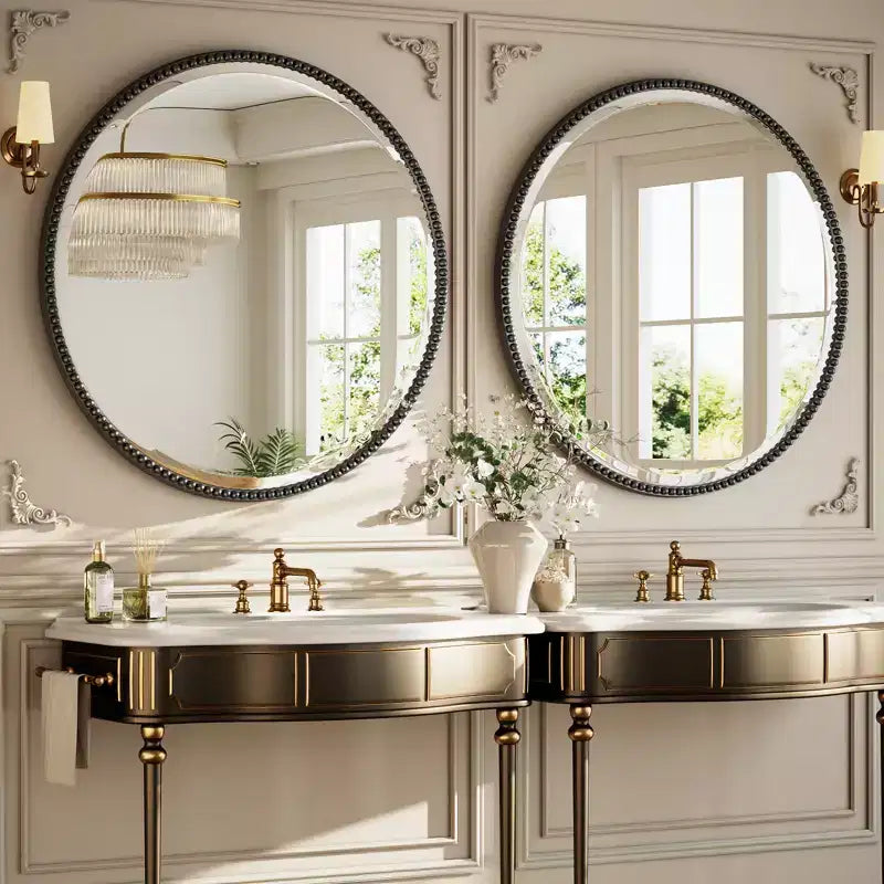 BEAUTYPEAK Beaded Round Wall Mirror Decorative Vanity Bathroom Mirror with Resin Frame