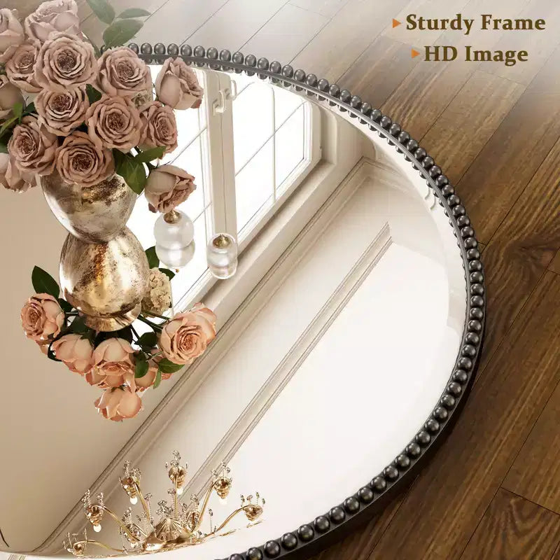 BEAUTYPEAK Beaded Round Wall Mirror Decorative Vanity Bathroom Mirror with Resin Frame