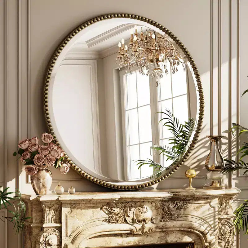 BEAUTYPEAK Beaded Round Wall Mirror Decorative Vanity Bathroom Mirror with Resin Frame