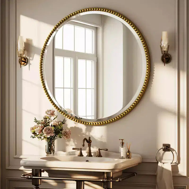 BEAUTYPEAK Beaded Round Wall Mirror Decorative Vanity Bathroom Mirror with Resin Frame